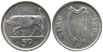 ИРЛАНДИЯ 5 ПЕНСОВ 1996 БЫК KM 28 медно-никель 100-1259