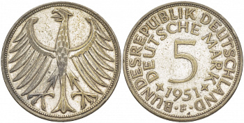ФРГ 5 МАРОК 1951 F, J. 387, KM 112.1 серебро 115-1112