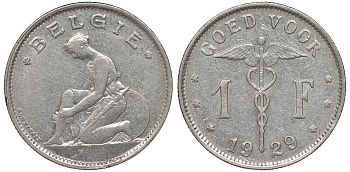 Бельгия 1 франк 1929 Belgie KM 90 никель 51-1812
