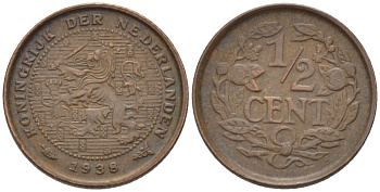 НИДЕРЛАНДЫ 1/2 ЦЕНТА 1938 ВИЛЬГЕЛЬМИНА (1890-1948) KM 138 бронза 39-238