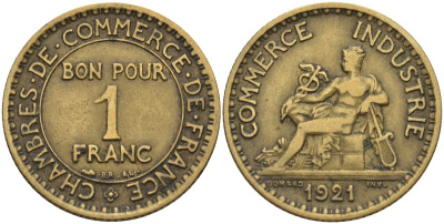 Франция 1 франк 1921 KM 876, Le Franc 218.5 алюминиевая бронза 4142-555
