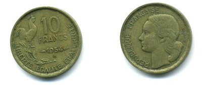 Франция 10 франков 1954 В, петух KM 915.2, Le Frank 363.11 алюминиевая бронза 3999-556