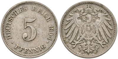 Германия 5 пфеннигов 1904 E KM 11, J. 12 медно-никель 4151-443