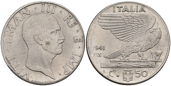 ИТАЛИЯ 50 ЧЕНТЕЗИМО 1941 R, ГОД XIX, ВИКТОР ЭММАНУИЛ III (1900-1946) KM 76b, VEM3. 1063 нержавеющая сталь 3853-335