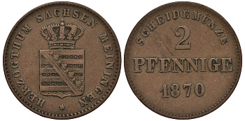 Саксен-Мейнинген 2 пфеннига 1870  KM 174, Jaeger 448, AKS 220 медь    413-5523