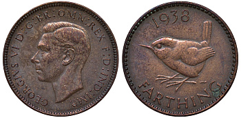 Великобритания 1 фартинг 1938 Георг VI (1936-1952) KM 843, Spink 4116 бронза 4122-651