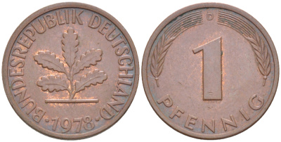 ФРГ 1 ПФЕННИГ 1978 D KM 105, J. 380 сталь плакированная медью 4181-629