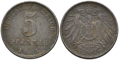 Германия 5 пфеннигов 1921 A KM 19, J. 297 железо 4151-637