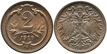 АВСТРИЯ 2 ГЕЛЛЕРА 1910 ФРАНЦ ИОСИФ KM 2801 бронза 100-526