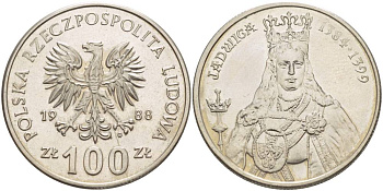 Польша 100 злотых 1988 MW, серия Польские правители, королева Ядвига (1384-1399) KM 183 медно-никель 4542-1016
