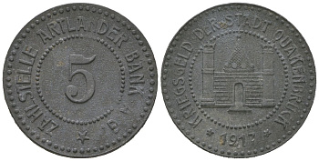Квакенбрюк (Пруссия, Ганновер) 5 пфеннингов 1917 Funck 434.4, Men22.2 26249.1 цинк 4164-145