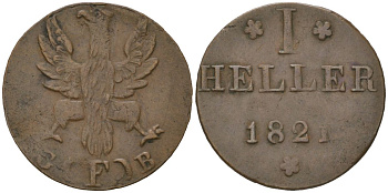Франкфурт 1 геллер 1821 GB AKS 30, Jaeger 10, KM 301 медь 4547-354