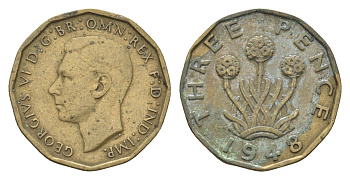 Великобритания 3 пенса 1948 Георг VI (1936-1952) KM 849, Spink 4112 никель латунь    4660-713