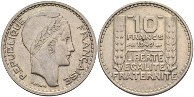 Франция 10 франков 1949 тип Пьер Турин KM 909.1, Le Franc 362.6 медно-никель 4116-1213