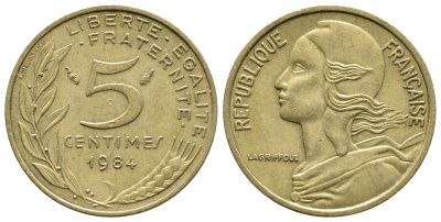 Франция 5 сантимов 1984 тип Марианна KM 933 медь алюминий никель 4679-964