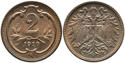 АВСТРИЯ 2 ГЕЛЛЕРА 1910 ФРАНЦ ИОСИФ KM 2801 бронза 100-526