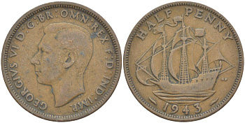 Великобритания 1/2 пенни 1943 Георг VI (1936-1952) KM 844, Spink 4115 бронза 34-345