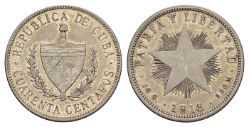 Куба 40 сентаво 1916 редкий год KM 14 серебро 00-822-53