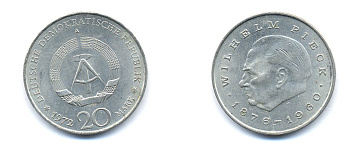 ГДР 20 марок 1972 А, Вильгельм Пик (1876-1960) KM 42 медно-никель 3333-425