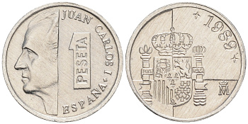 ИСПАНИЯ 1 ПЕСЕТА 1989 ХУАН КАРЛОС I (1975-) KM 832 алюминий 192-823