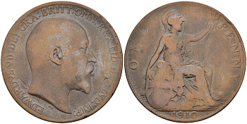 Великобритания 1 пенни 1910 Эдуард VII (1901-1910) KM 794.2, Sp 3990 бронза 4394-1146