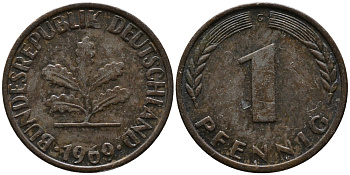 ФРГ 1 пфенниг 1969 G KM 105, J.380 сталь плакированная медью 99-267