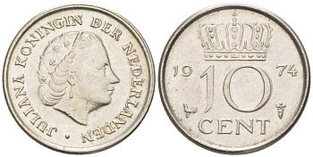 НИДЕРЛАНДЫ 10 ЦЕНТОВ 1974 ЮЛИАНА (1948-1980) KM 182 никель 116-468