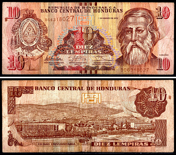 Гондурас 10 лемпир 2012 Pick 126a 99a бумага 3295-110-4-1