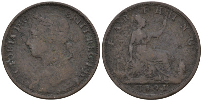 Великобритания 1 фартинг 1891 Виктория (1837-1901) KM 753, Spink 3958 бронза 4596-934