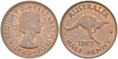 Австралия 1/2 пенни 1963 p, Елизавета II (1952-2022), кенгуру KM 61 бронза 4514-843