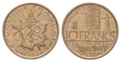 Франция 10 франков 1974 тип Матье KM 940, Le Franc 365.3-4 медь алюминий никель 3459-831