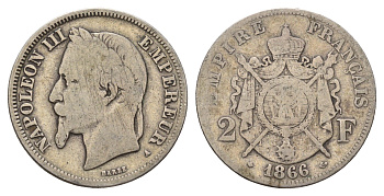 Франция 2 франка 1866 A, Наполеон III (1852-1870) KM 807.1 серебро 5010-1433