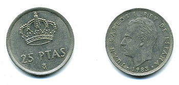 Испания 25 песет 1983 Хуан Карлос I (1975-2014) KM 824 медно-никель 41-142