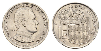 Монако 1 франк 1974 Ренье III (1949-2005) KM 140 никель aUNC 53-713