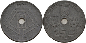 Бельгия 25 сантимов 1943 Belgique - Belgie, Леопольд III (1934-1947), германская оккупация, Вторая мировая война KM 131 цинк 4157-445