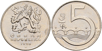 Чехия 5 крон 1993 чешский лев, Карлов мост KM 8 сталь плакированная никелем    4601-1156