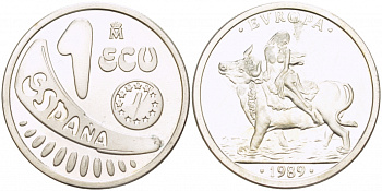 Испания 1 экю 1989 Похищения Европы X M23 серебро  PROOF   1082-1-65