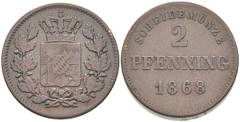 Бавария 2 пфеннига 1868 Людвиг II (1864-1886) KM 478 медь 202-251