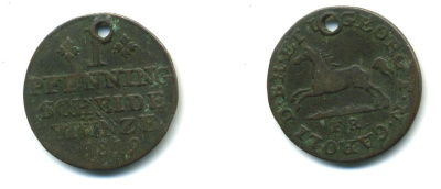 Брауншвейг-Вольфенбюттель 1 ПФЕННИГ 1819 FR, КАРЛ II ПРИ РЕГЕНТСТВЕ ГЕОРГА III КОРОЛЯ ВЕЛИКОБРИТАНИИ (1815-1820) С ДЫРКОЙ KM 1069 медь 54-957