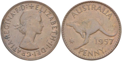 АВСТРАЛИЯ 1 ПЕННИ 1957 р, ЕЛИЗАВЕТА II (1953-), КЕНГУРУ KM 56 бронза 32-531