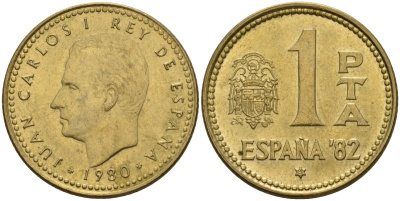 Испания 1 песета 1980 (81) чемпионат мира по футболу 1982 года в Испании, Хуан Карлос I (1975 - 2014) KM 816 алюминиевая бронза 4604-256