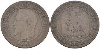 ФРАНЦИЯ 2 САНТИМА 1854 W KM 776.7 бронза 116-738