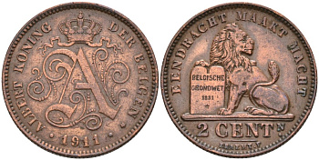 Бельгия 2 сантимА 1911 Belgen KM 65 медь 190-721