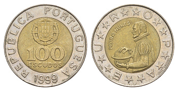 Португалия 100 эскудо 1999 Педру Нуниш (1502-1578), математик KM 645 биметалл 4391-1217