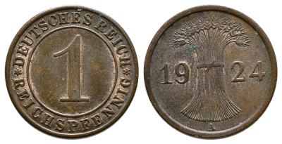 ГЕРМАНИЯ 1 РЕЙХСПФЕННИГ 1924 А KM 37, J.313 бронза аUNC 4380-1058