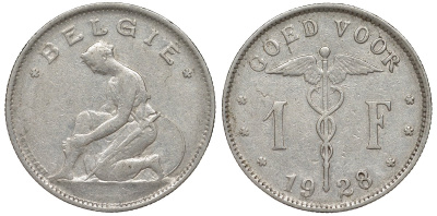 Бельгия 1 франк 1928 Belgie KM 90 никель 51-1736