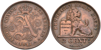 Бельгия 2 сантимА 1911 Belgen KM 65 медь 190-721