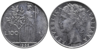 ИТАЛИЯ 100 ЛИР 1966 R, АФИНА KM 96.1 сталь 32-944