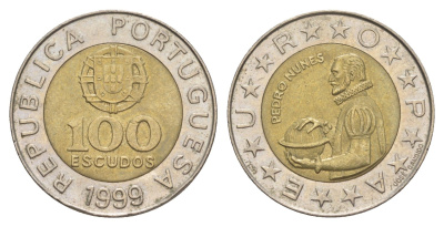 Португалия 100 эскудо 1999 Педру Нуниш (1502-1578), математик KM 645 биметалл 4391-1217