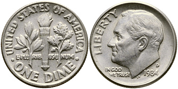 США 10 ЦЕНТОВ = 1 ДАЙМ 1984 D, РУЗВЕЛЬТ KM 195а медь плакированная медно-никелем 46-2529